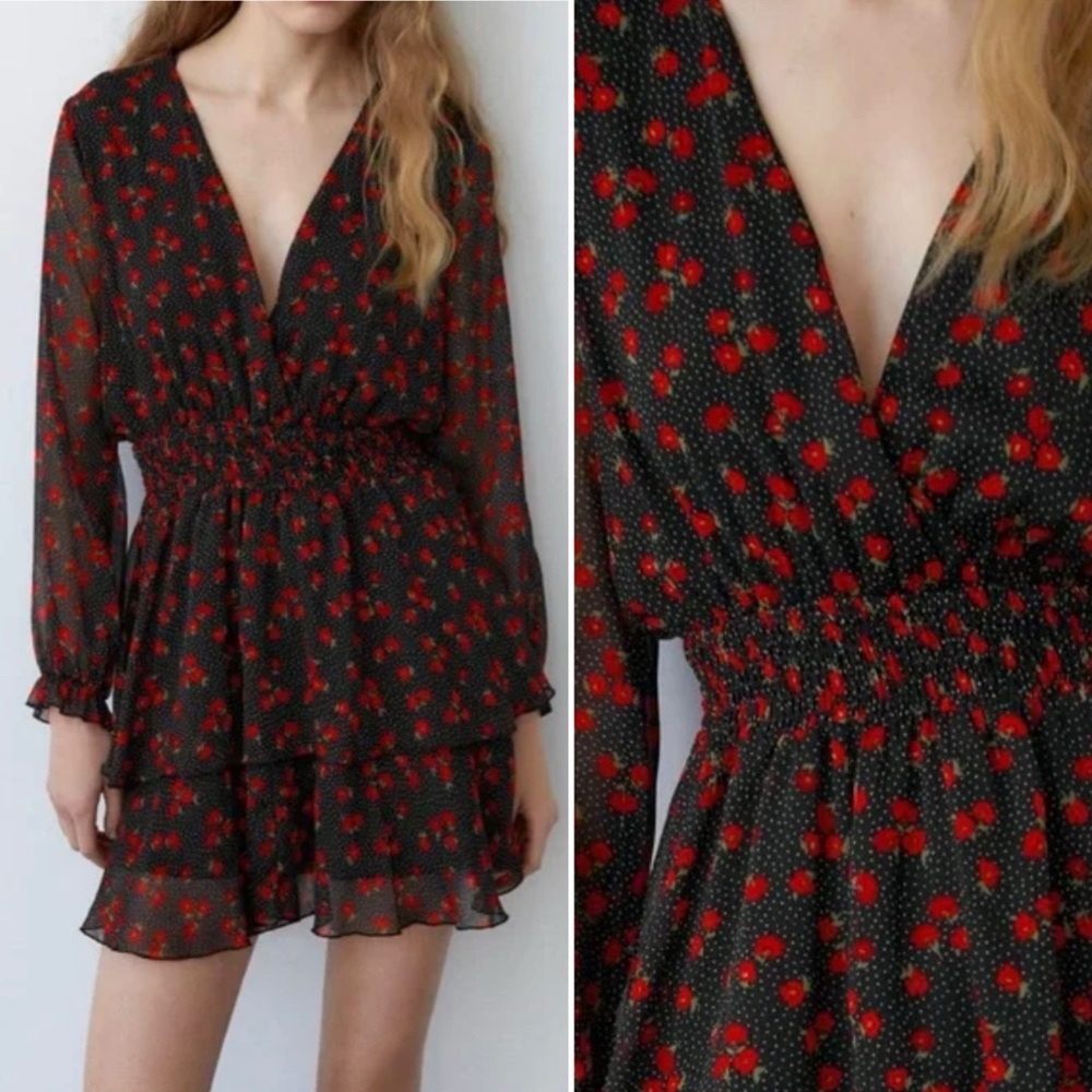 ZARA Floral Chiffon Long Sleeve V-Neck Flounced Mini Dress‎ Black Red Size Small